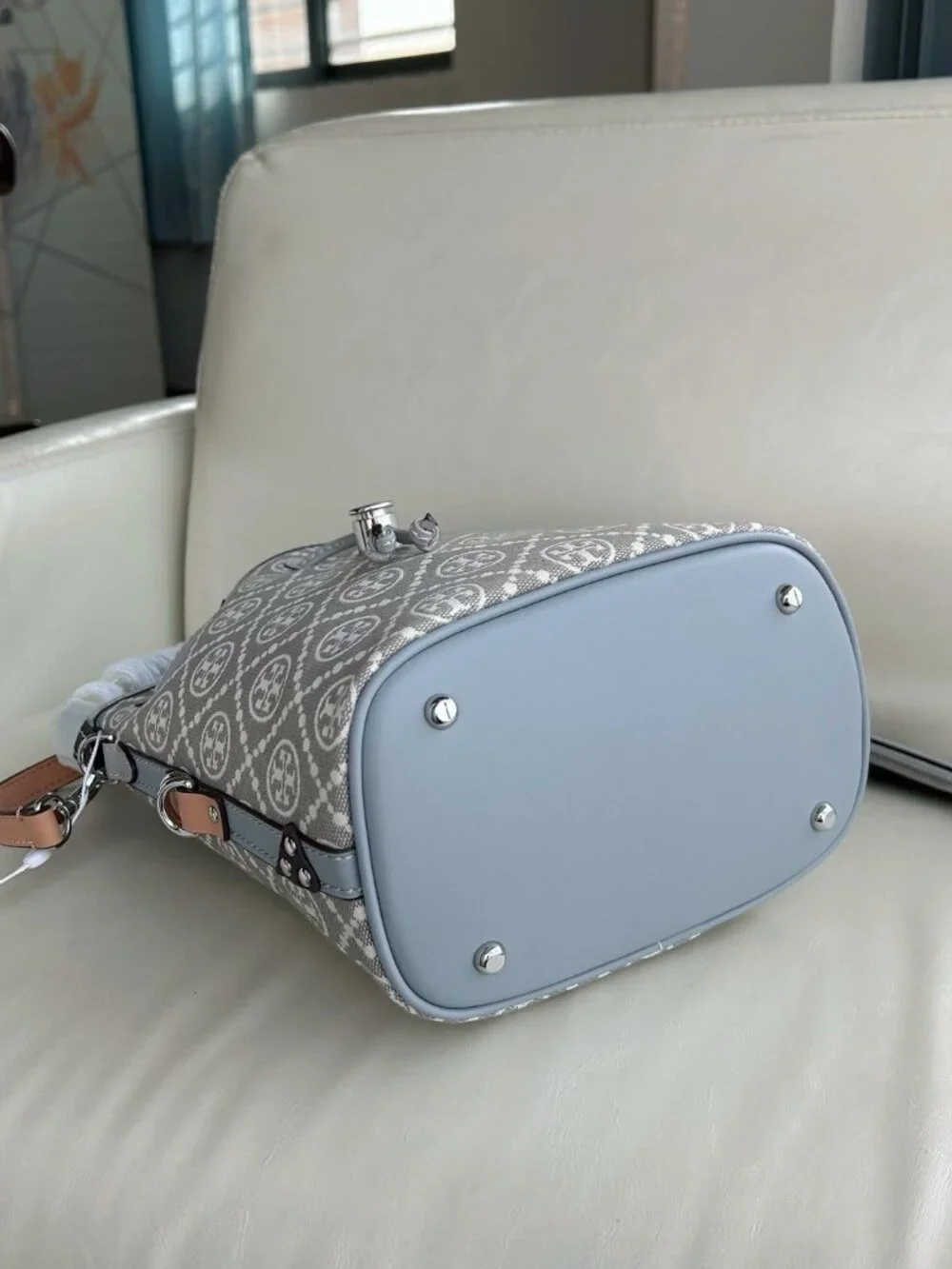 Tory Burch Monogram Jacquard Bucket Bag Grey Full Set With Mini